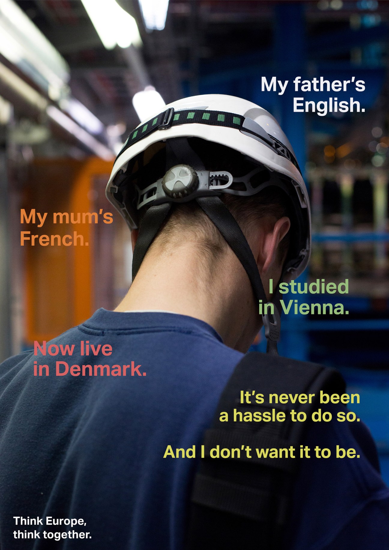 Back of person's head wearing white cyclist helmet with text overlay about European multilingualism and freedom of movement.