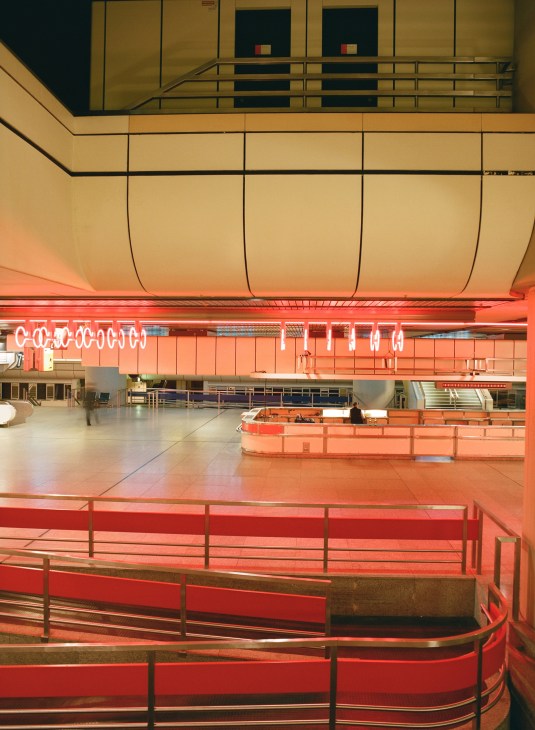 Neon lights illuminate the futuristic foyer of the International Congress Centre in Berlin.