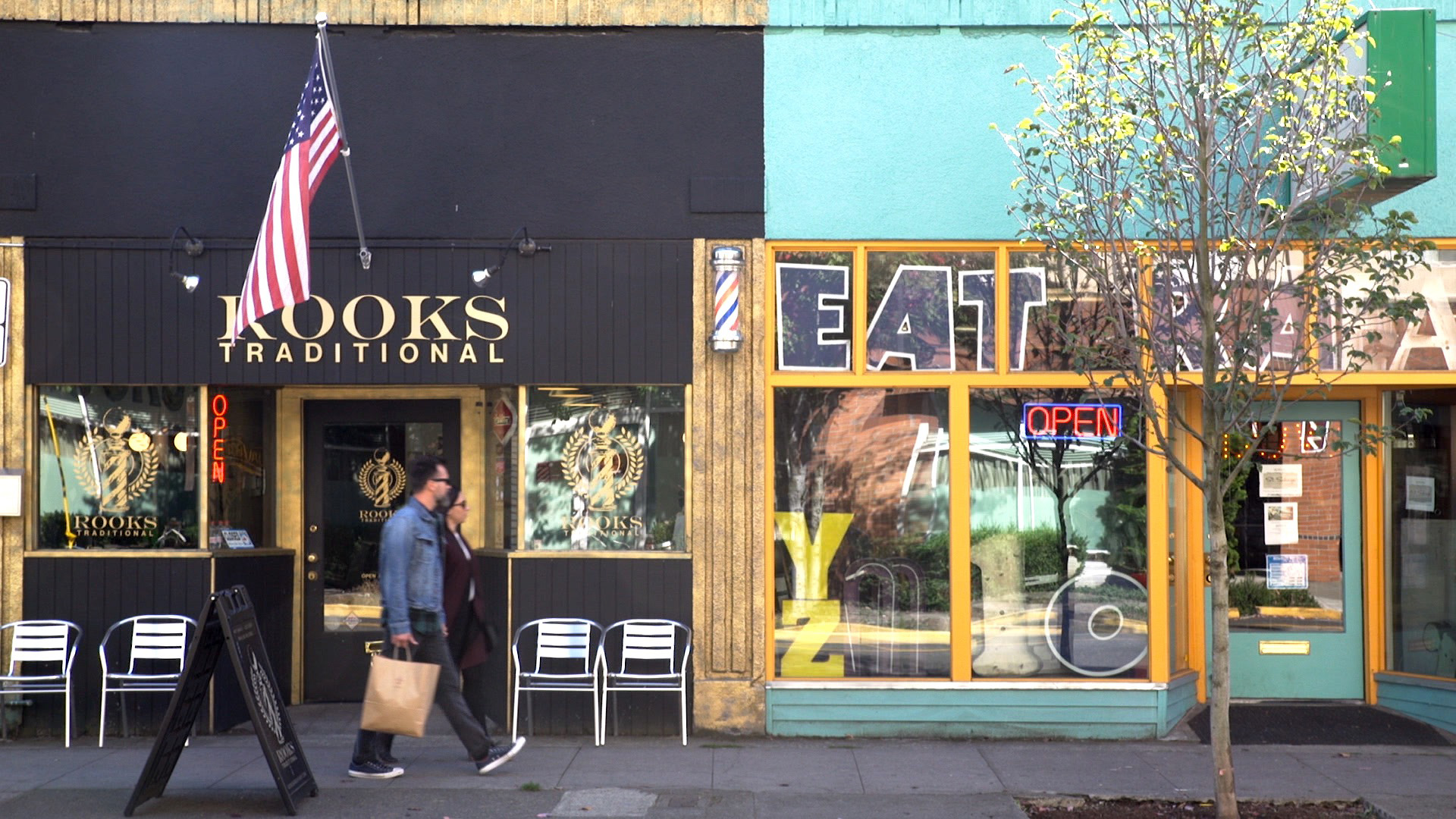 Shops on a street in Portland, Oregon.
