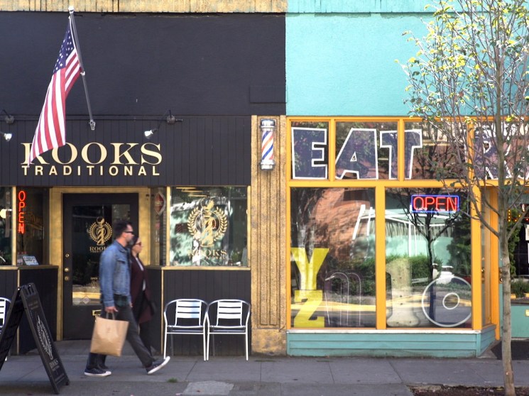 Shops on a street in Portland, Oregon.
