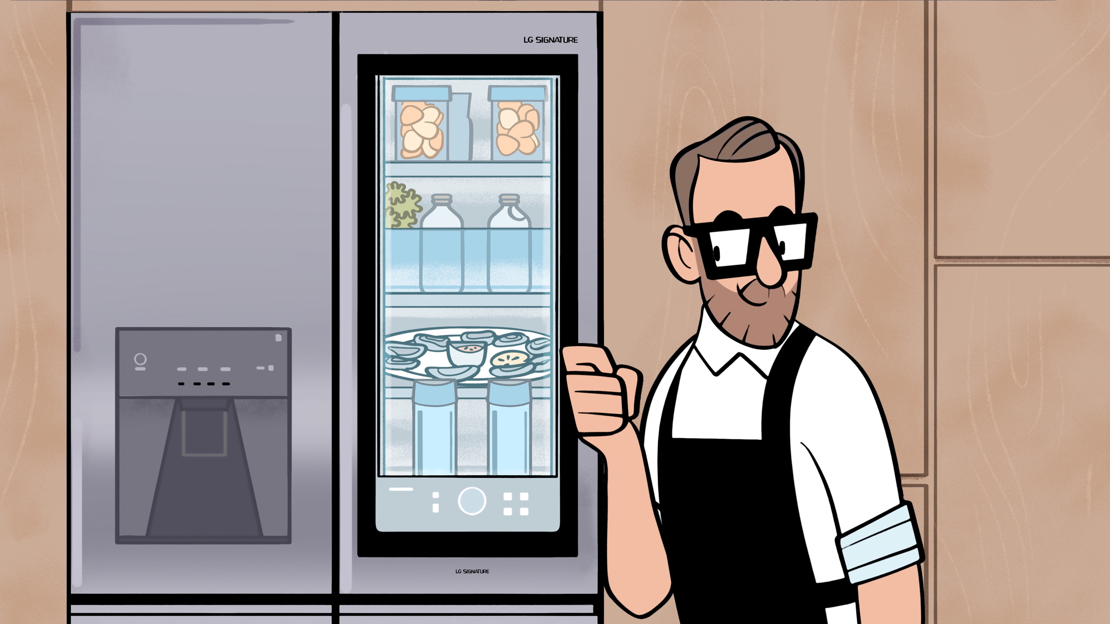 A man next to a refrigerator