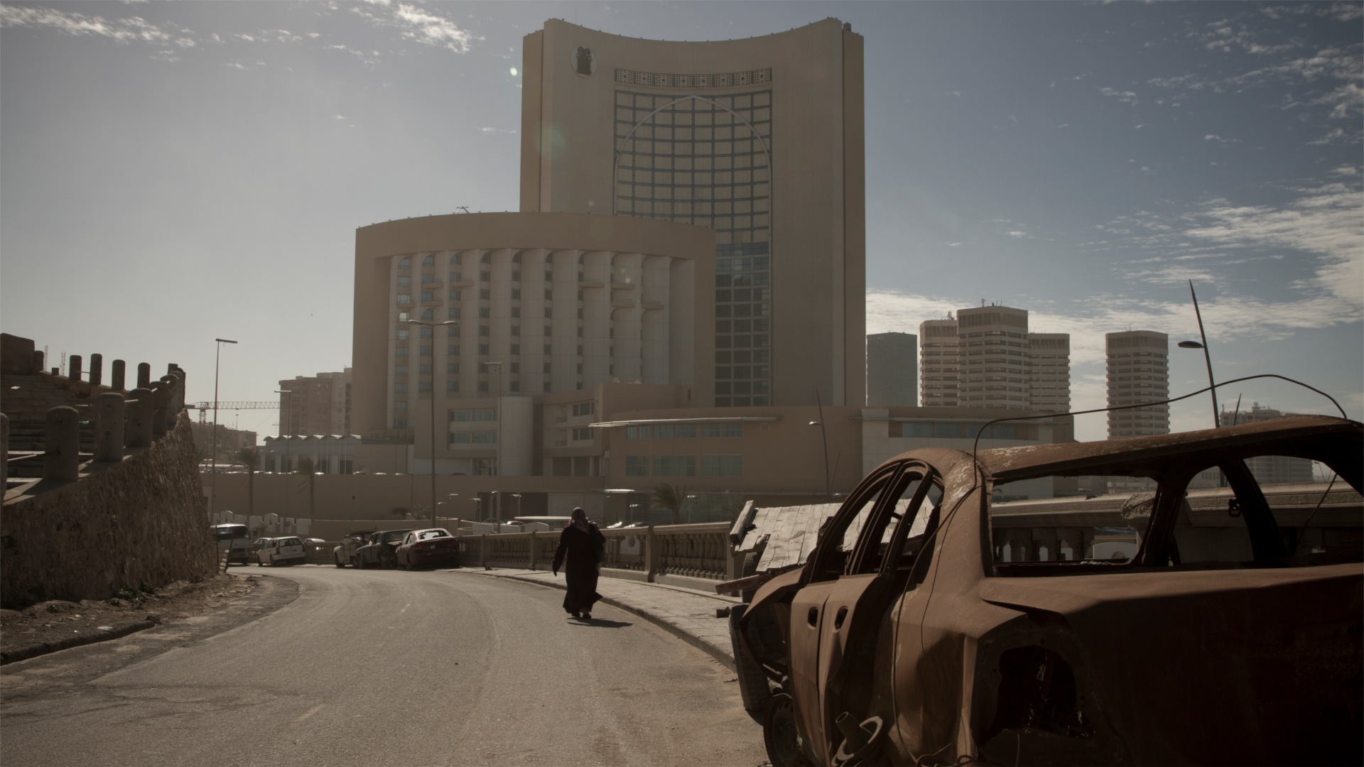 A hotel in a war-torn country.