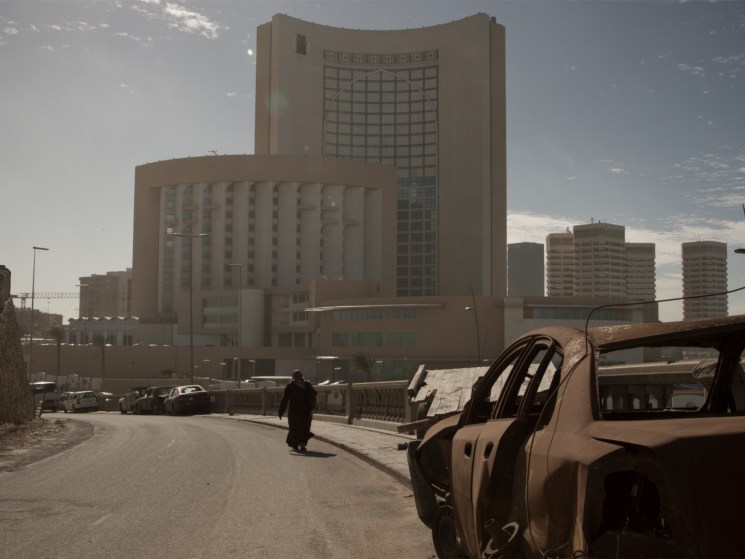 A hotel in a war-torn country.