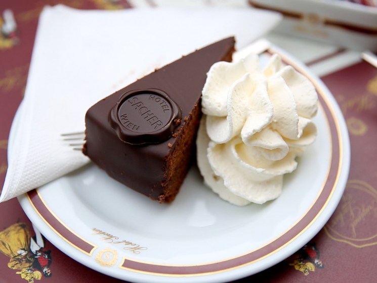 Sacher cake served on a plate.