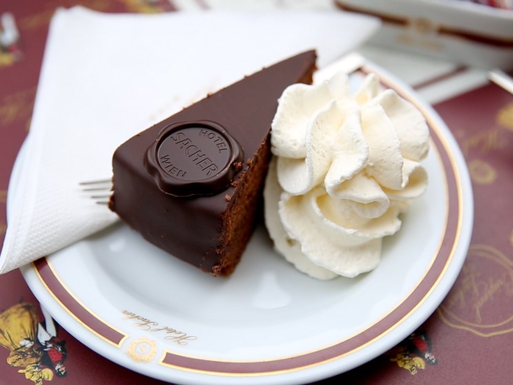 Sacher cake served on a plate.