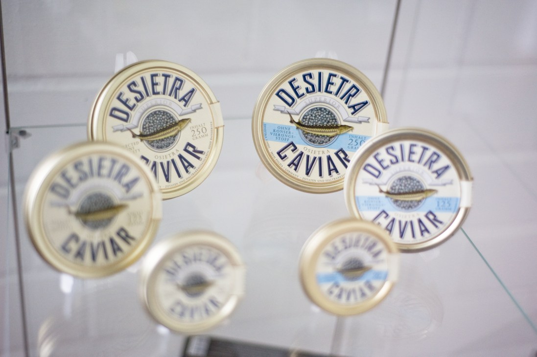 Desietra branded caviar tins in various sizes arranged on a white surface.