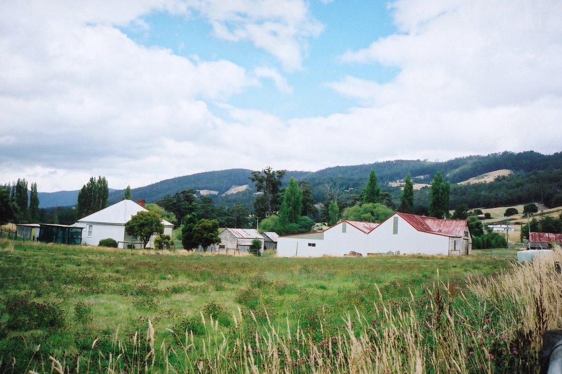 Rural Tasmanian village with white farmhouses and red metal roofs nestled in green hills.