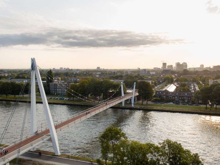White cable-stay pedestrian bridge spanning a river with city skyline in background.