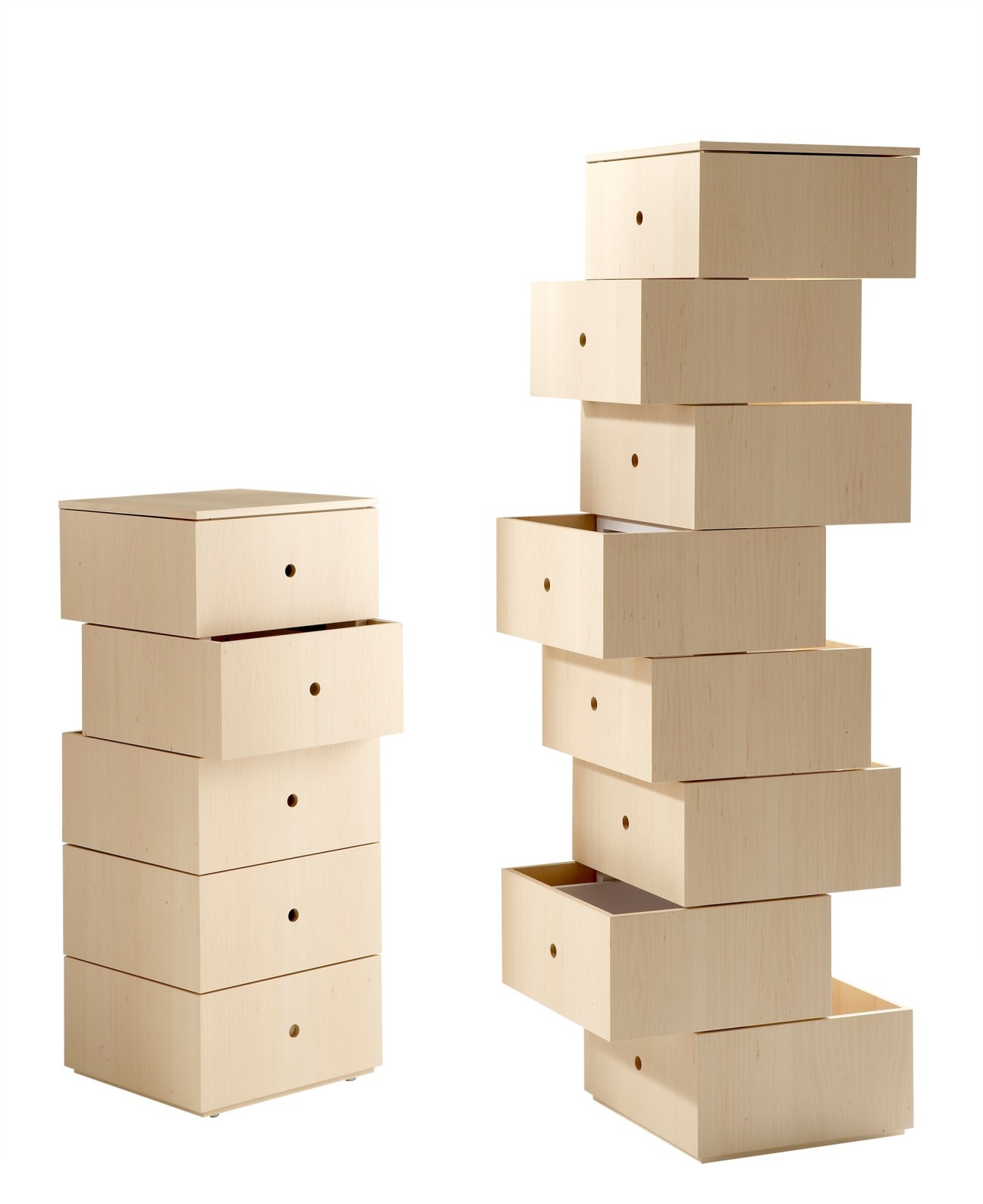 Ligne Roset's Aphrodite chest of drawers by Tadao Hoshino with stacked wooden boxes and sliding drawers.