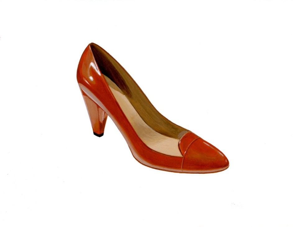 Red patent leather pump with chunky heel by Megumi Ochi