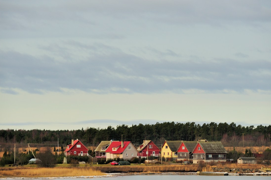 Colorful houses with red roofs on the shore of Muhu Island, Estonia, with forest and water visible.