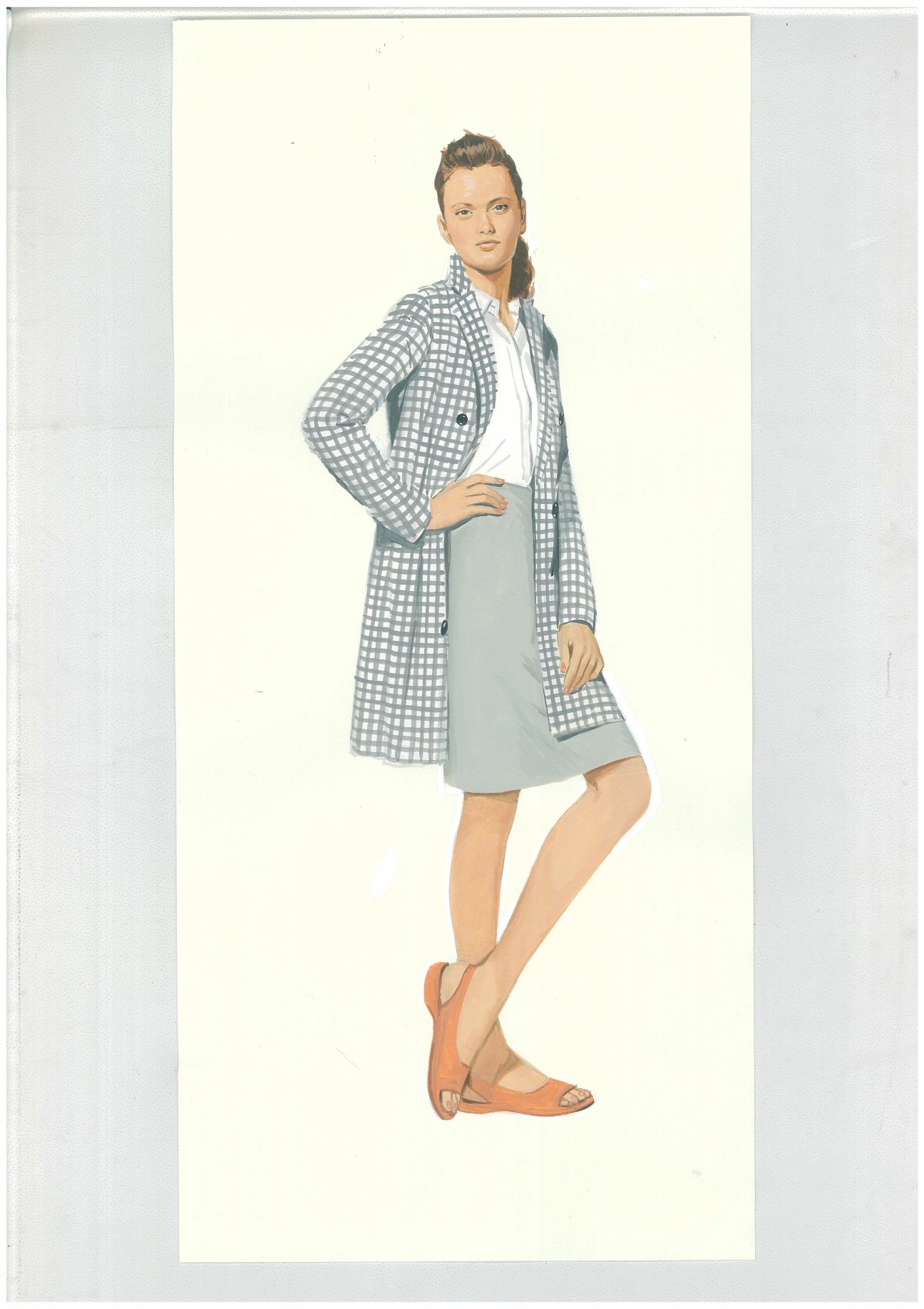 Woman wearing MaxMara checkered overcoat with white shirt and grey skirt paired with orange sandals.