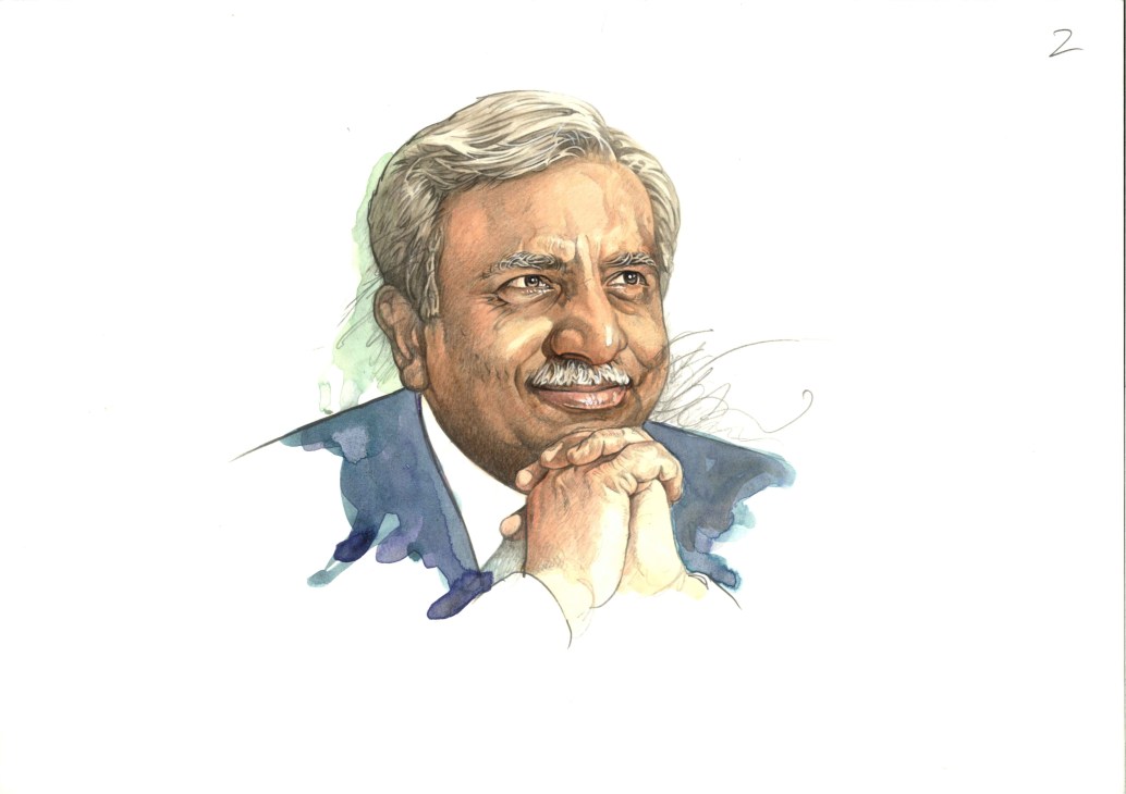 Watercolor portrait illustration of Naresh Goyal, founder and chairman of Jet Airways India.