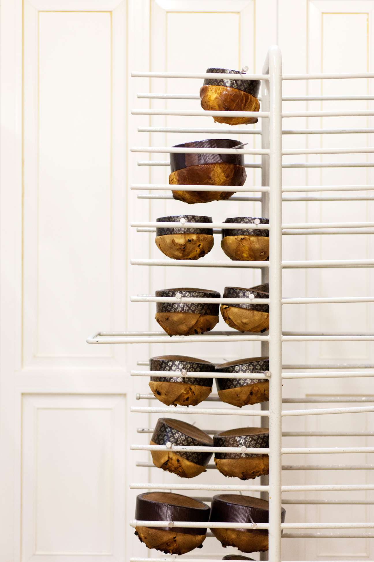 Golden panettone halves arranged on white wooden shelves, dusted with powdered sugar and dark chocolate coating.