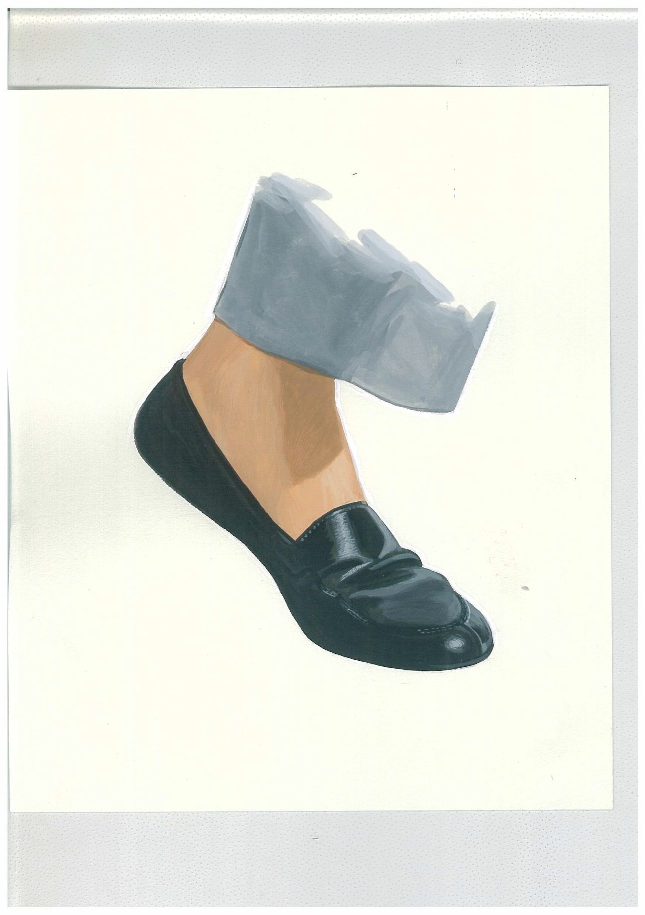 Illustration of black leather loafer shoes with light blue socks and beige leg against cream background.