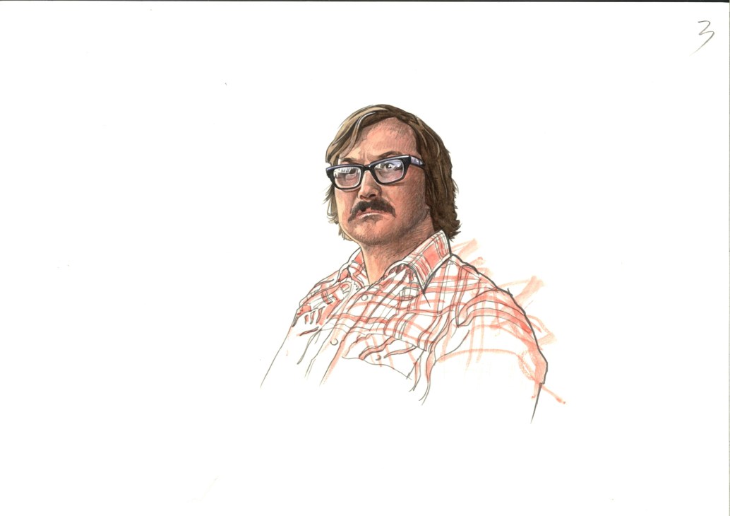 Illustrated portrait of Duane Sorenson wearing glasses and a red plaid shirt against white background.