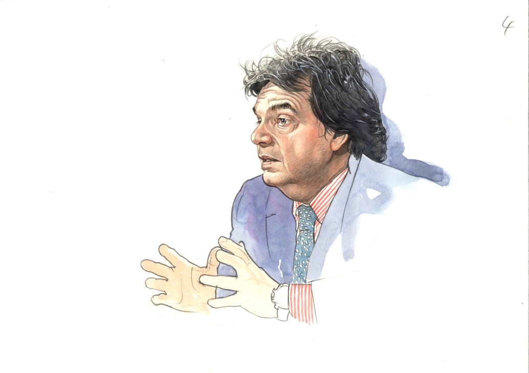 Watercolor illustration of Renato Brunetta, Italian politician, shown in profile wearing a blue suit and striped shirt.