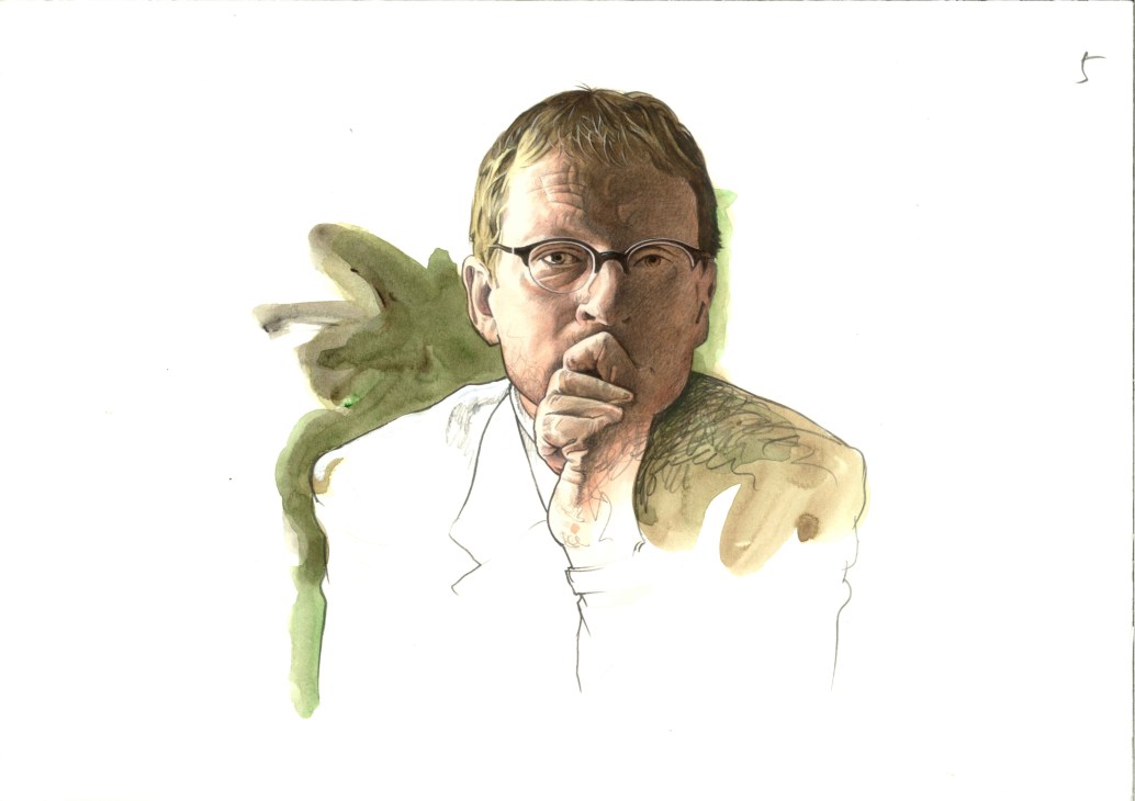 Watercolor portrait illustration of Mark Adams, director of Vitsoe, wearing glasses with a thoughtful expression and green foliage element.
