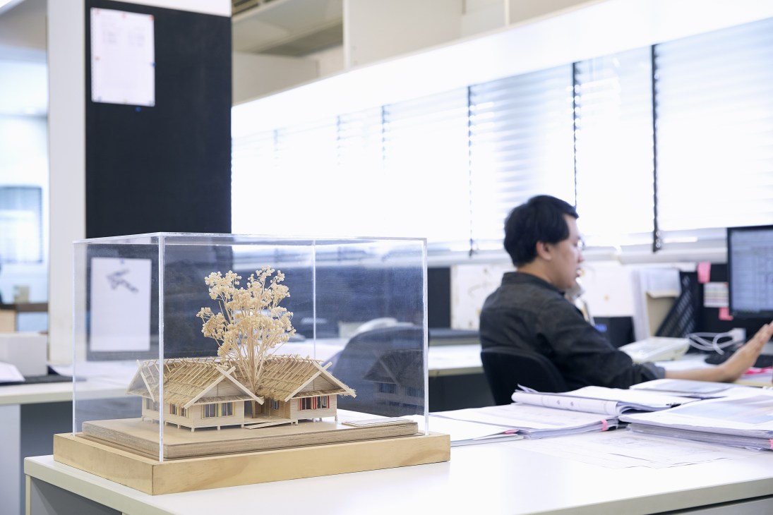 Architectural model of a house with golden dried flowers displayed in an office with a person working at a desk in the background.