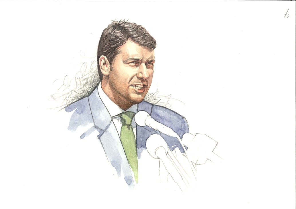 Illustration of Janos Lazar, Hungarian mayor, wearing a blue suit and green tie.