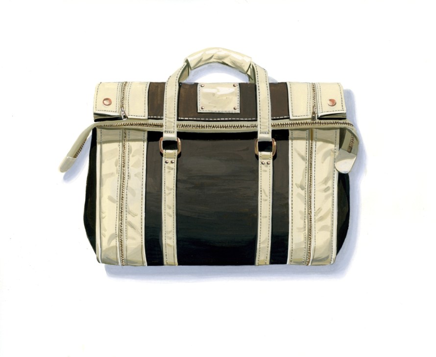 Rahnsäter leather bag in cream and black stripes with handles and metal hardware.