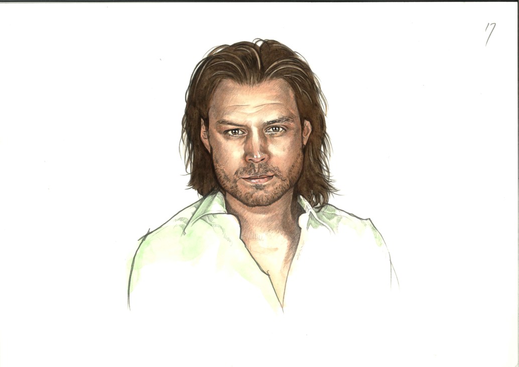 Portrait illustration of a man with shoulder-length brown hair wearing a light green shirt