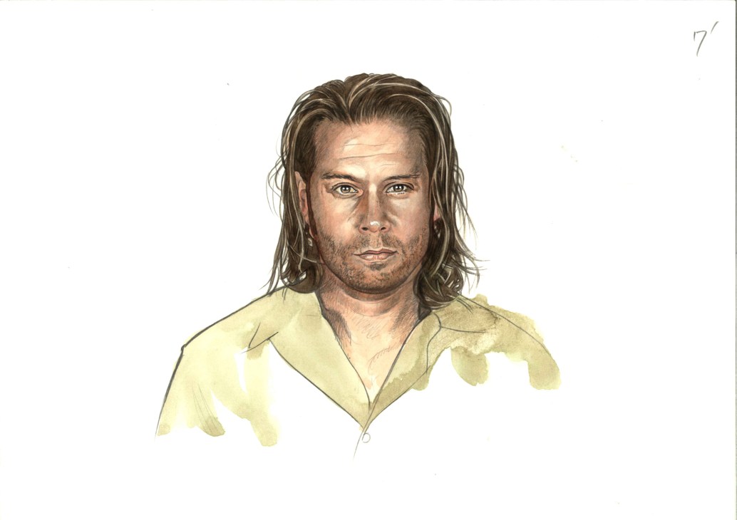 Illustration of a man with long hair wearing a yellow shirt