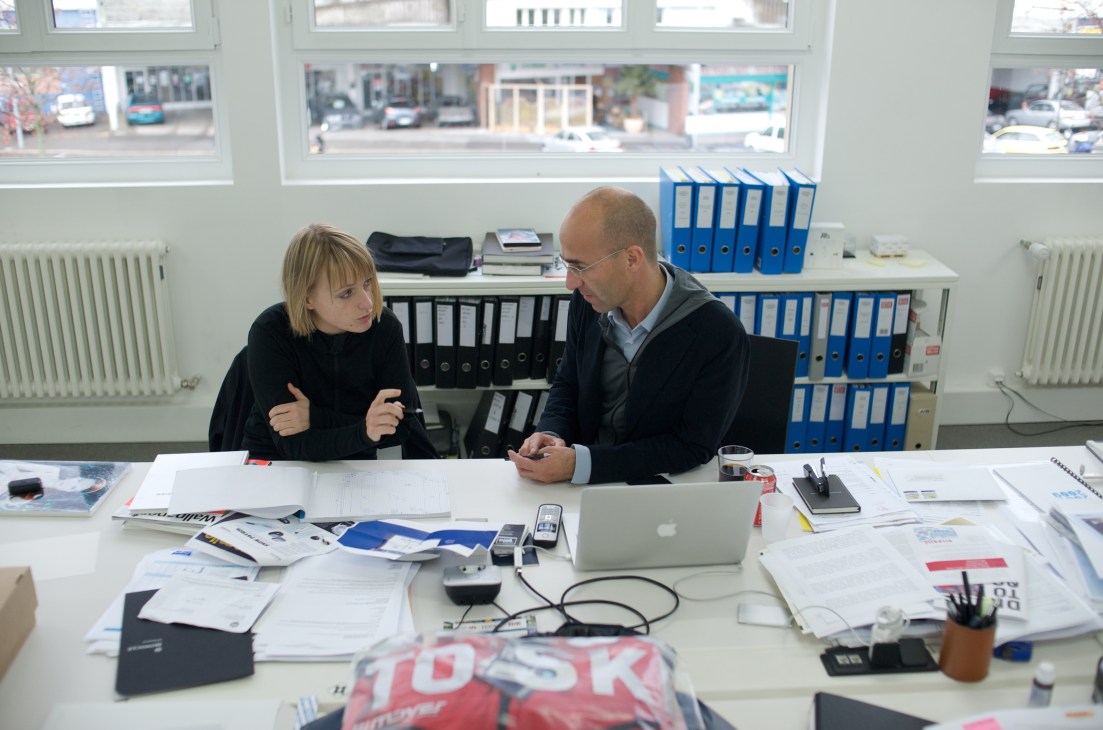 Founder Nicolas Rochat and creative director Raphaele Zenger discuss designs at Mover's Lausanne headquarters.