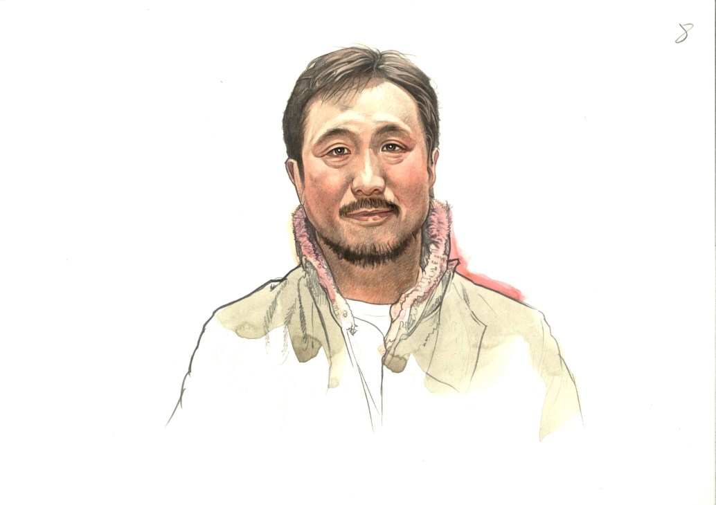 Illustration of Daiki Suzuki, fashion designer for Woolrich, wearing a light jacket with pink collar.