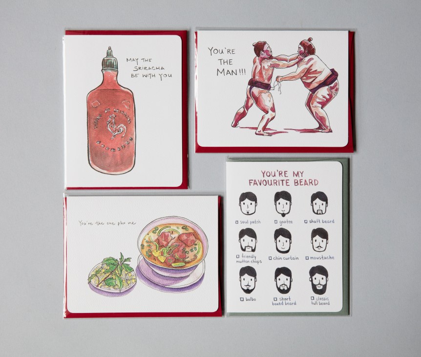 Four illustrated greeting cards with humorous messages including hot sauce, wrestling figures, and beard styles