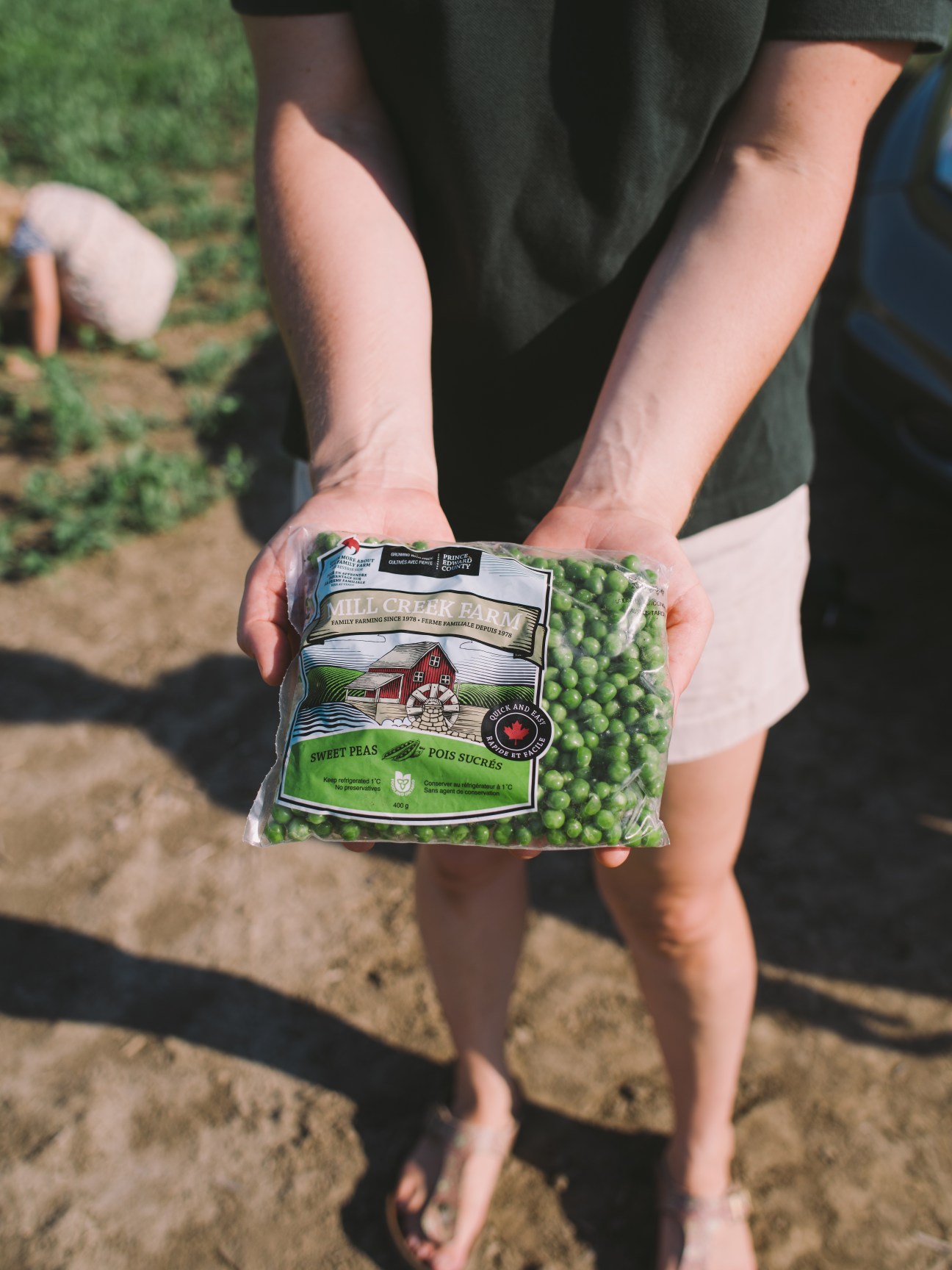 Hands holding a bag of Mill Creek Farm sweet peas against a farm background