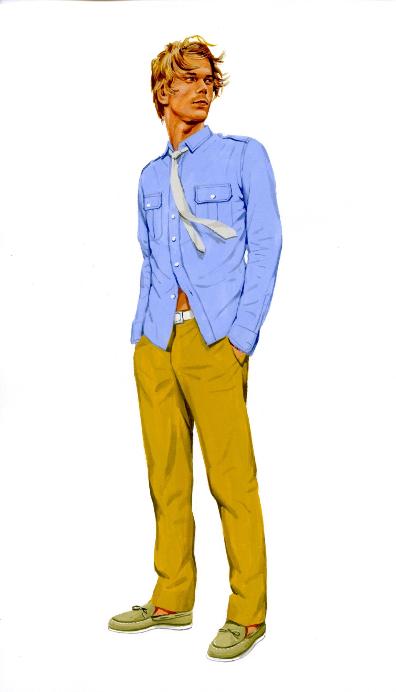 Man wearing blue Uniqlo Oxford shirt with yellow trousers and beige boat shoes.