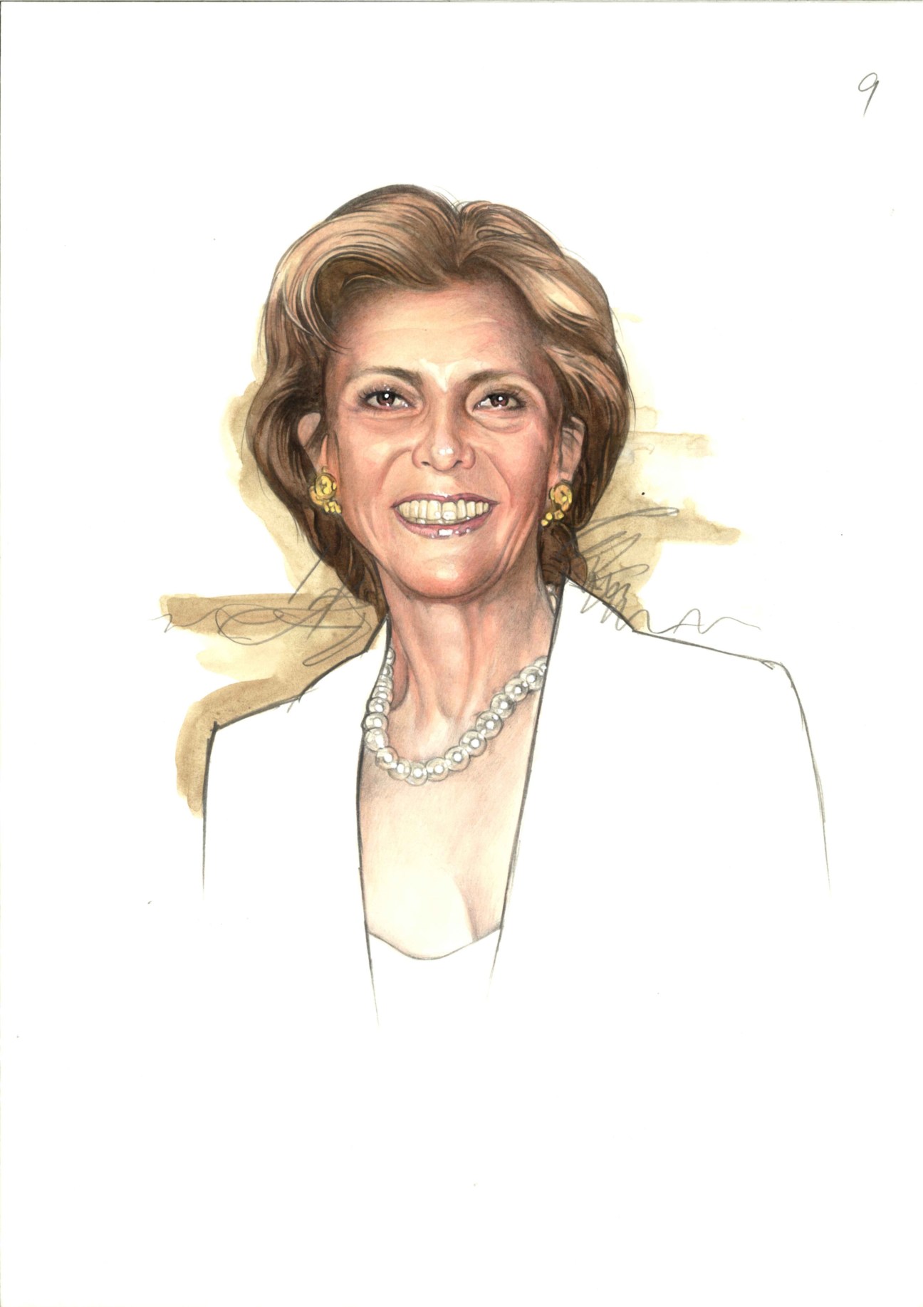 Portrait illustration of May Mamarbachi, a Syrian hotelier, wearing a white blazer and pearl necklace.