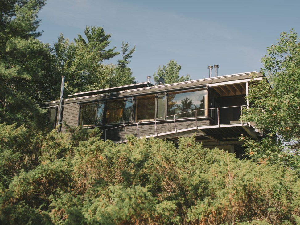 Modern wooden house with large windows and metal railings nestled among dense forest vegetation