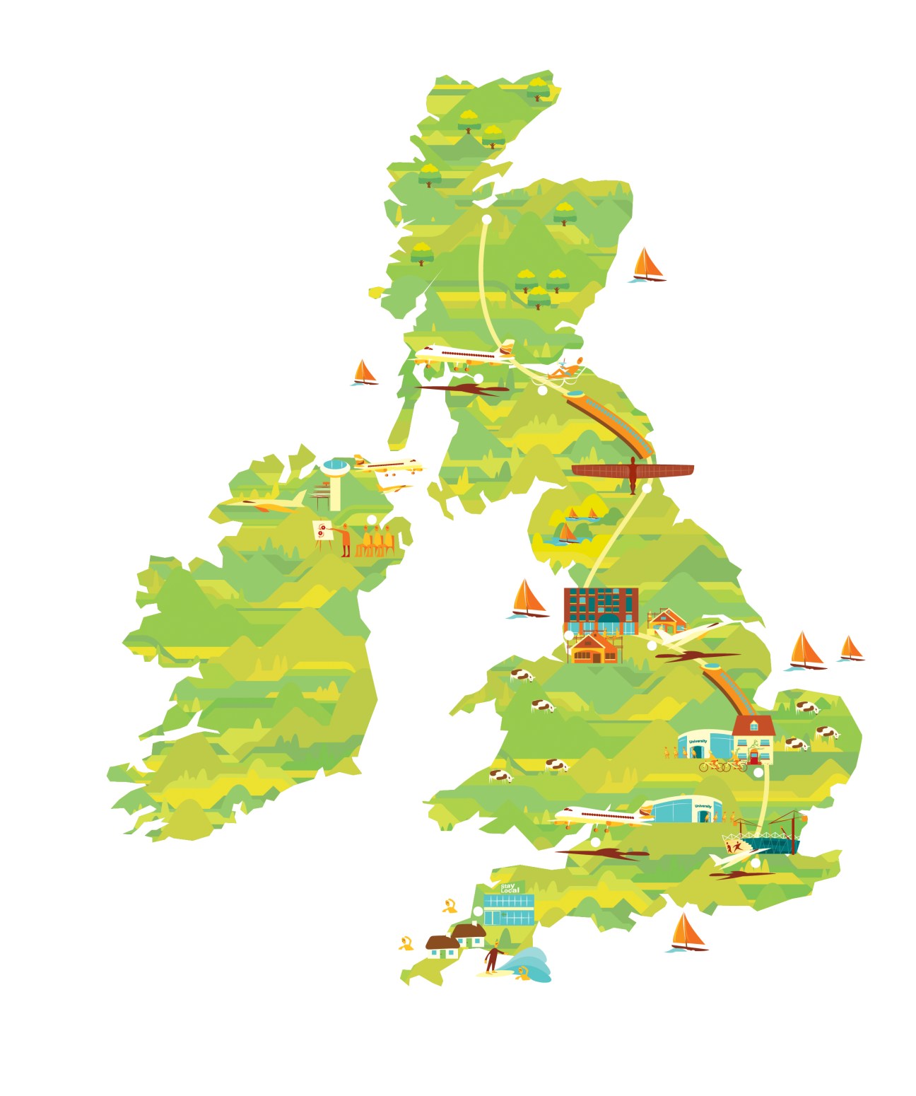 Illustrated map of the UK and Ireland with green landmasses, yellow terrain variations, cultural landmarks, sailboats, and transportation routes depicting Britain's regional diversity and attractions.