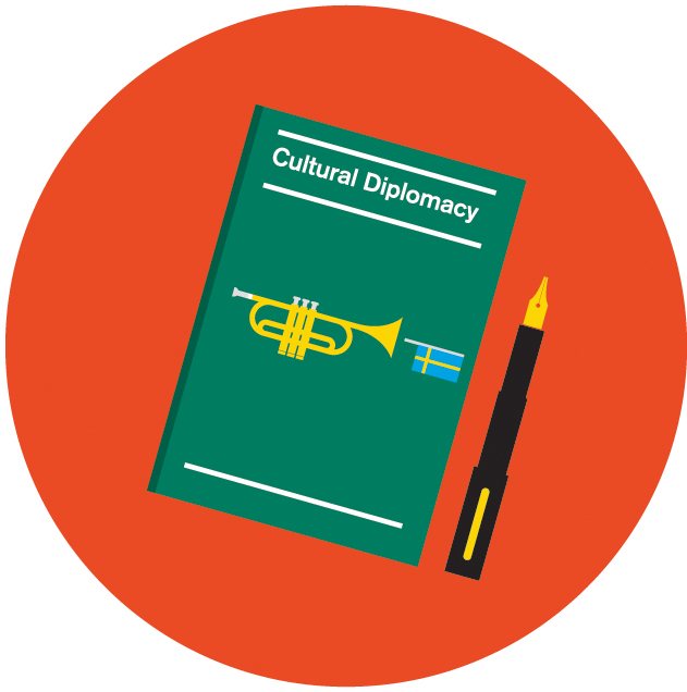 Illustration of a green book titled 'Cultural Diplomacy' with a trumpet and Swedish flag on an orange circular background.