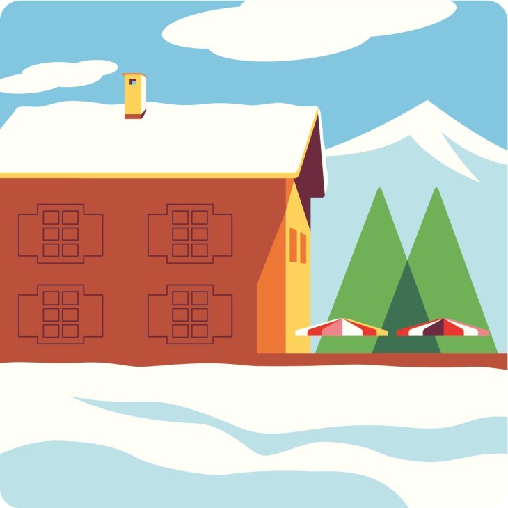 Illustration of a cosy Alpine chalet with red brick walls and yellow trim surrounded by snowy mountains and evergreen trees.