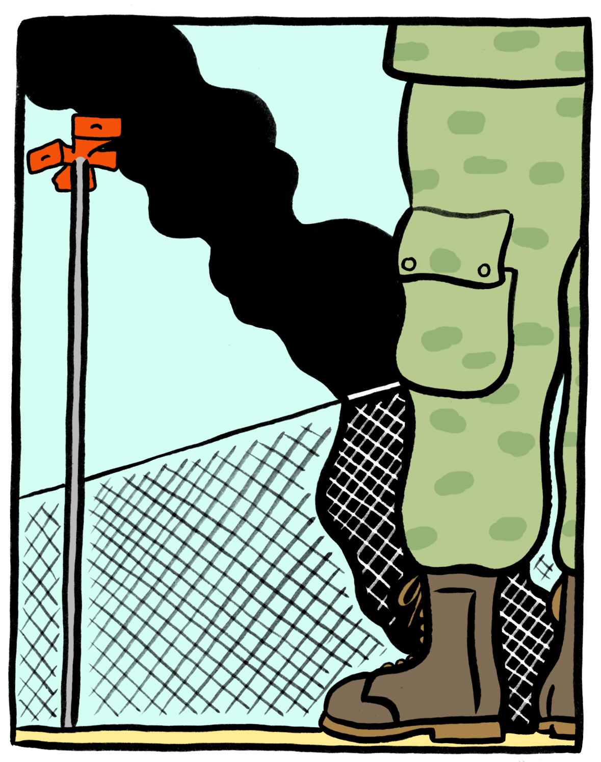 Illustration of a soldier standing guard next to an electrified fence with warning signals.