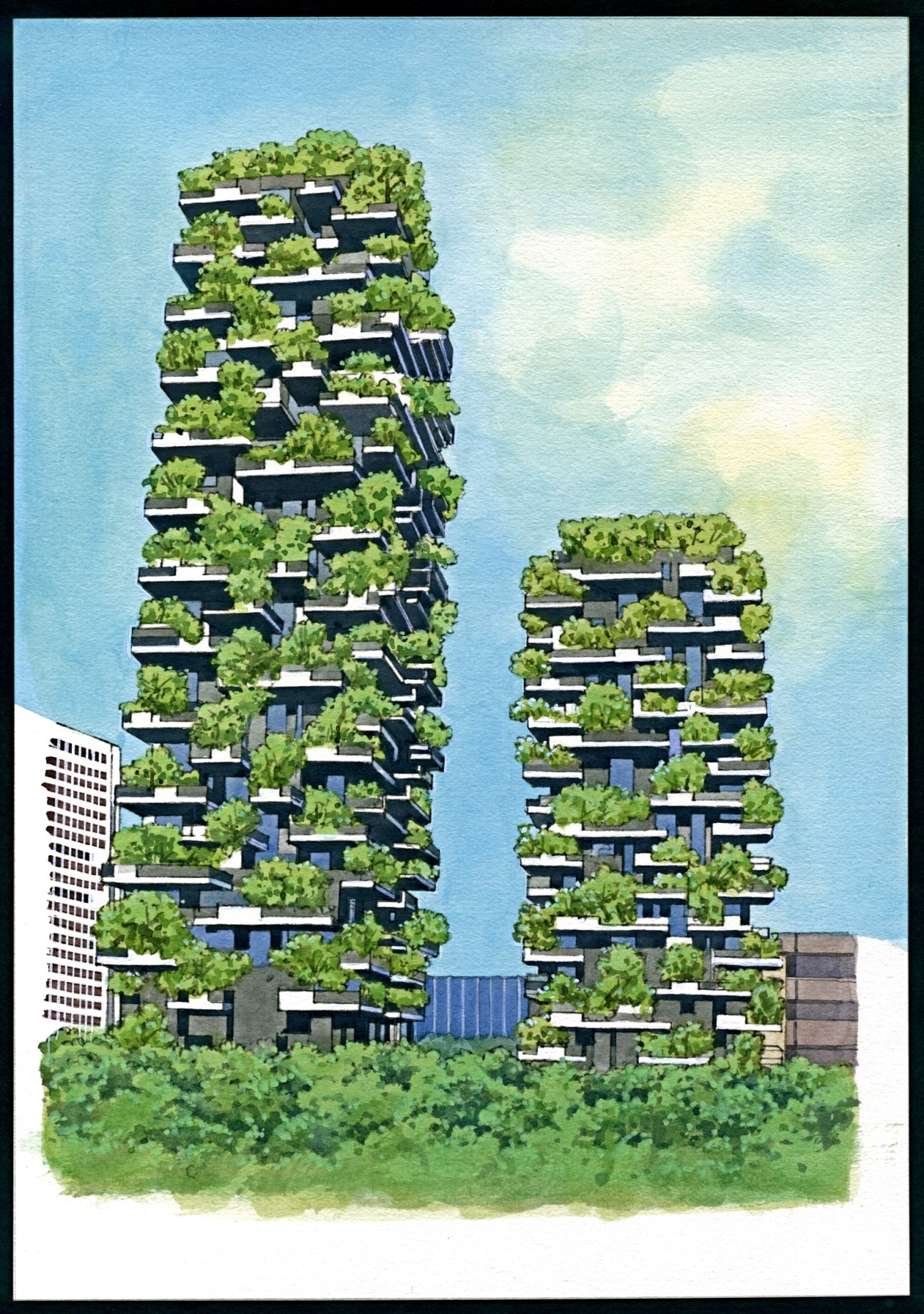 Architectural rendering of Bosco Verticale's two residential towers with trees and vegetation covering stepped terraces against a blue sky.