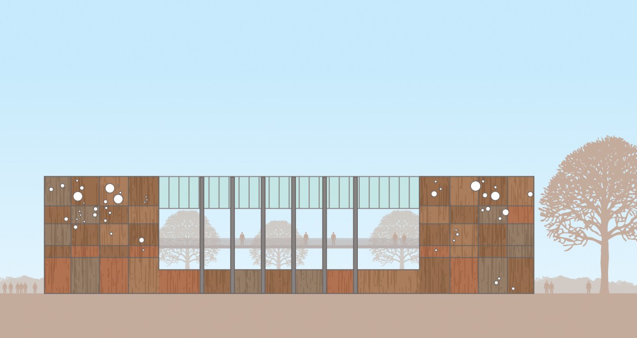 Architectural rendering of a modern building with wooden facade and large windows in Tobruk, Libya.