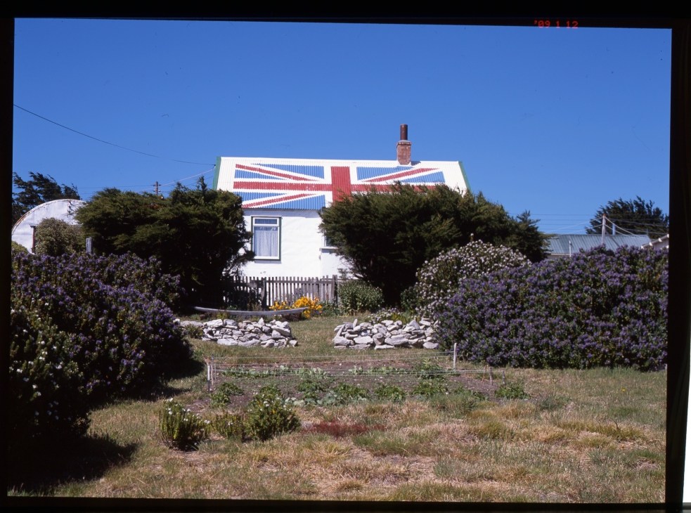 White house with Union Jack flag painted on corrugated roof, surrounded by purple lupins and white flowers.