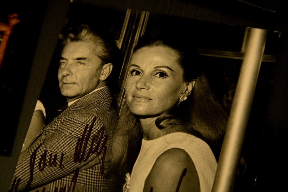 May Arida with Austrian conductor Herbert von Karajan in a vintage photograph.