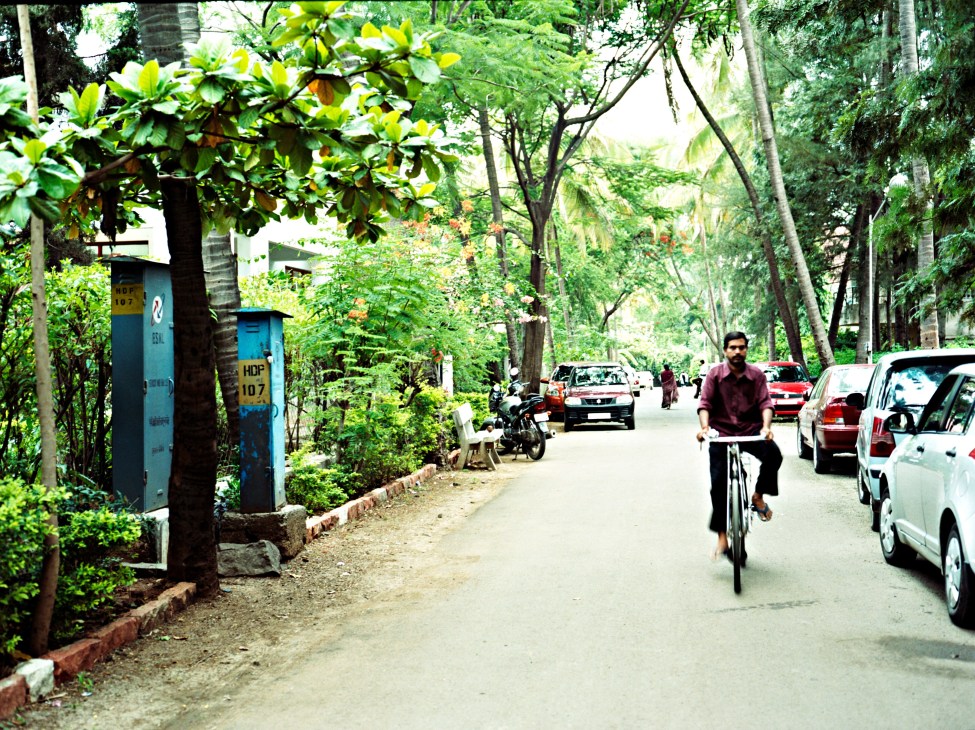 A tree-lined street in Pune with a cyclist, parked cars, and motorcycles under dense green foliage.