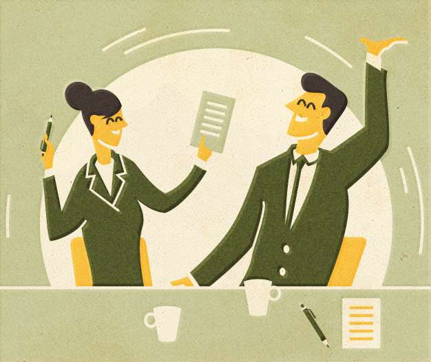 Illustration of two business professionals at a desk with TV, holding a clipboard and raising their fist in celebration.