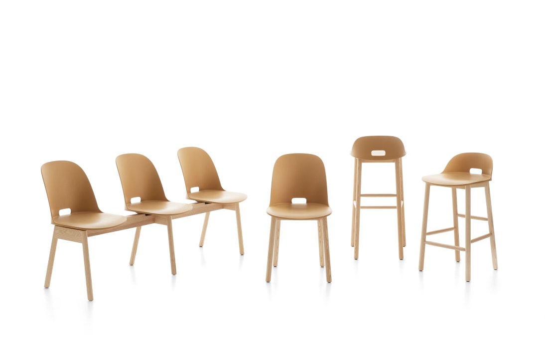 Emeco's Alfi collection of wooden chairs, bar stools and a three-seat bench with sustainable reclaimed materials.