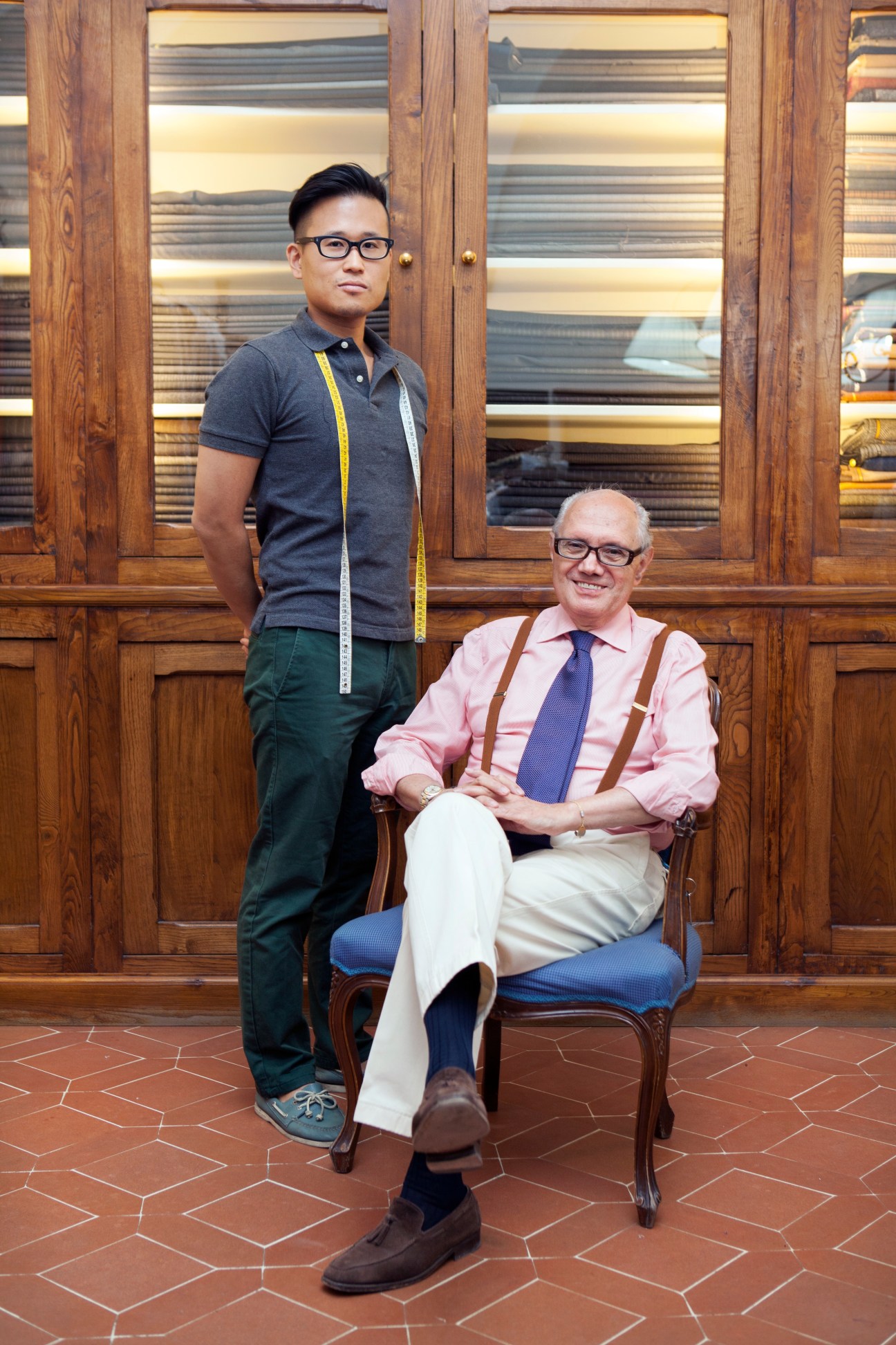 Antonio Liverano seated and Hojun Choi standing in the Liverano & Liverano Florence atelier.