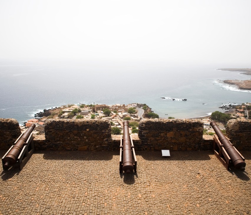 Cannons on fortress overlooking Cidade Velha and Atlantic Ocean in Cape Verde