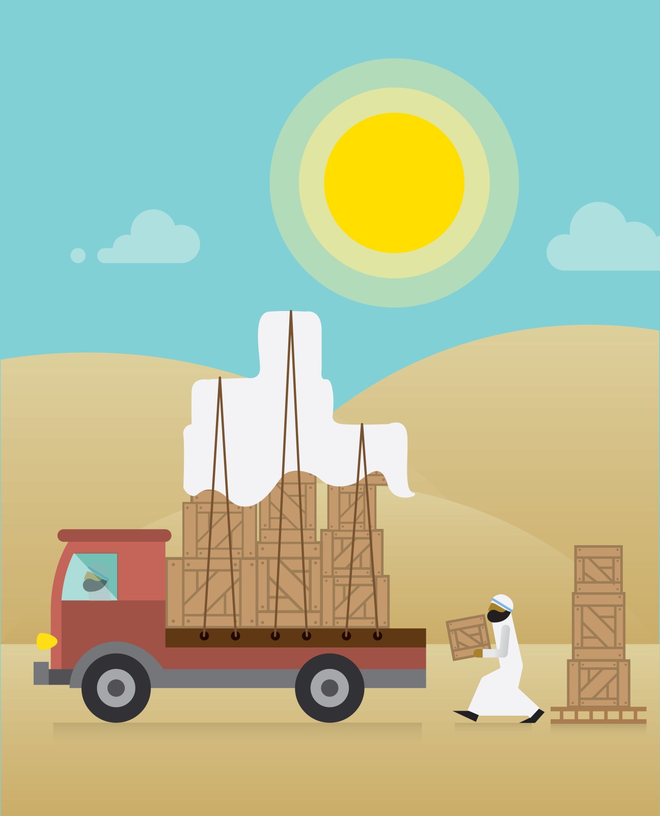 Illustration of a red truck carrying large white cacti in a desert landscape under bright sun.