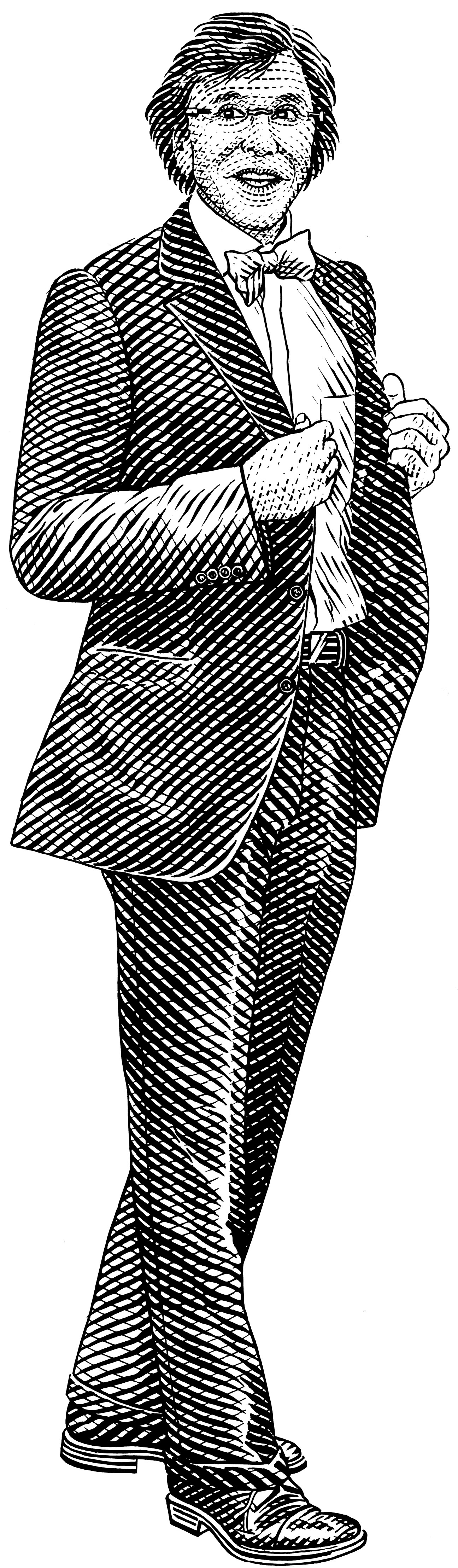 Illustration of Elio Di Rupo wearing a patterned blazer and bow tie.