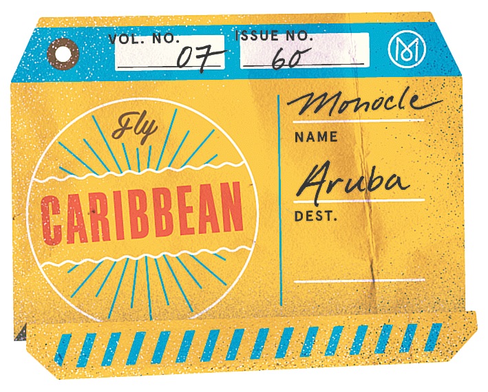 Vintage luggage tag for Aruba with Caribbean destination and Monocle branding.